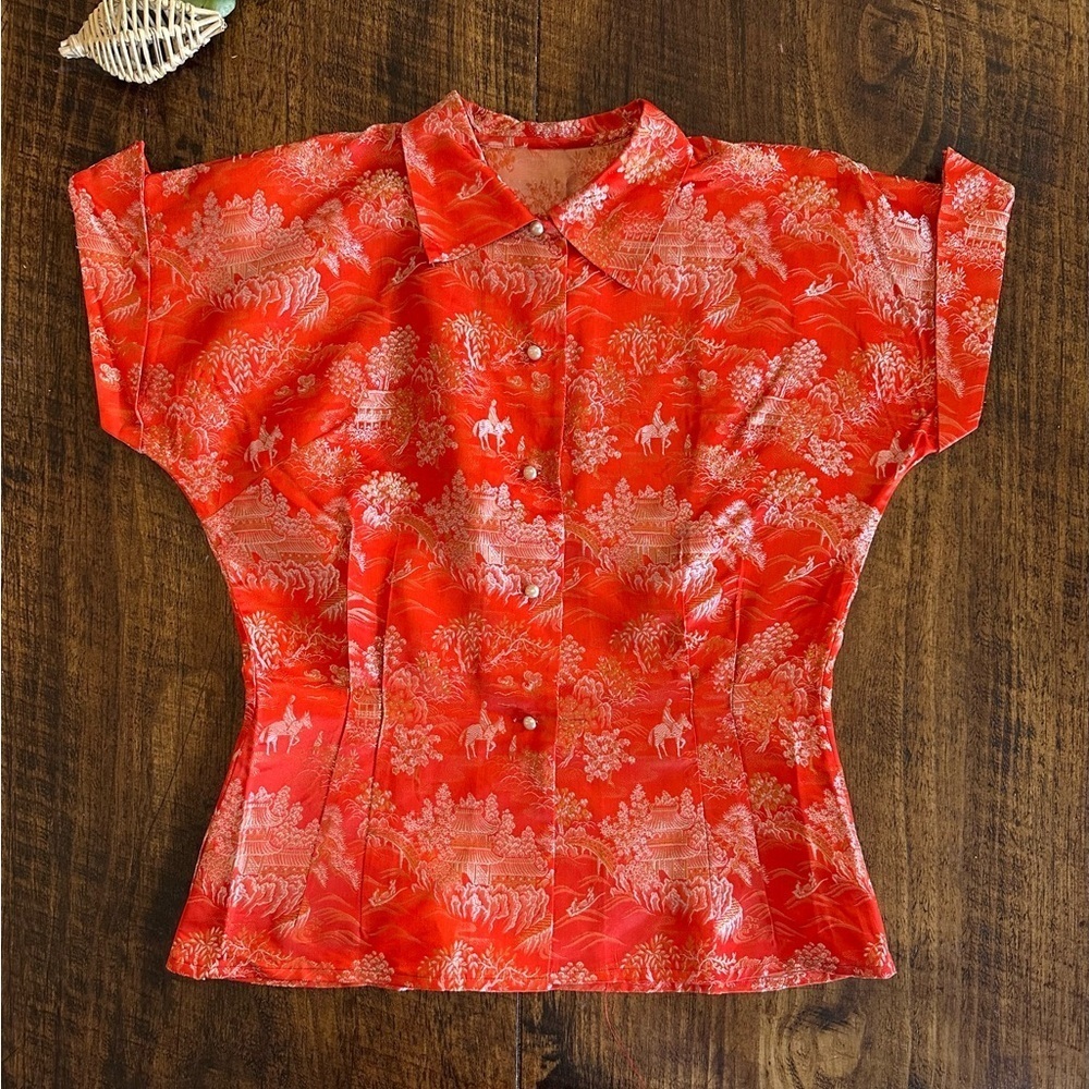 Vintage Chinese Style Button Front Short Sleeve Shirt in a Red Brocade